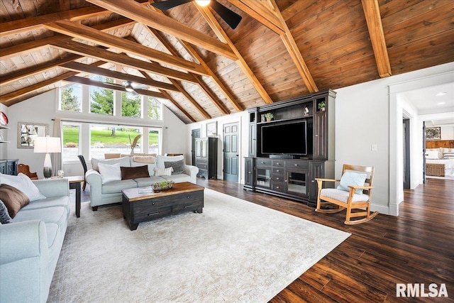 living area featuring ceiling fan, beam ceiling, high vaulted ceiling, dark wood finished floors, and wooden ceiling