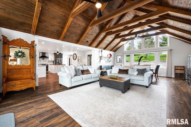 living room featuring beamed ceiling, high vaulted ceiling, dark wood-type flooring, recessed lighting, and wood ceiling