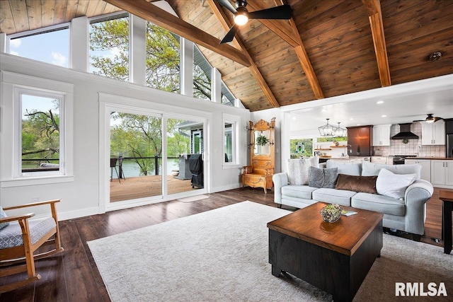 living room with high vaulted ceiling, baseboards, wood ceiling, and a wealth of natural light