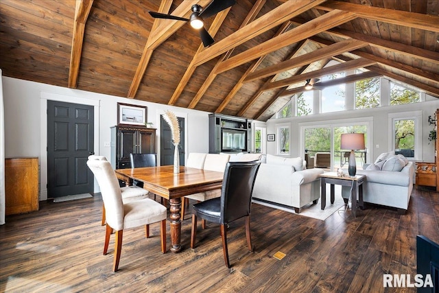 dining space featuring wooden ceiling, a ceiling fan, beam ceiling, and dark wood-type flooring