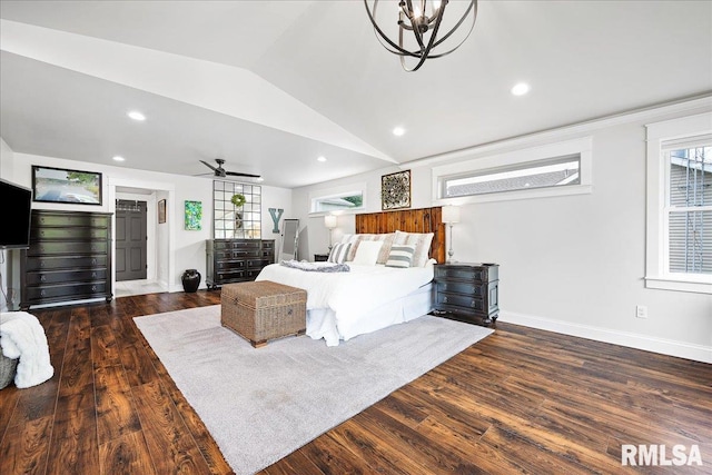 bedroom with vaulted ceiling, wood finished floors, baseboards, a chandelier, and recessed lighting