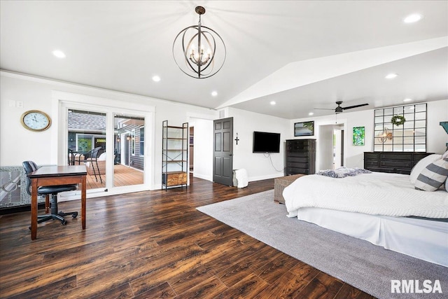 bedroom featuring a chandelier, recessed lighting, baseboards, wood finished floors, and lofted ceiling
