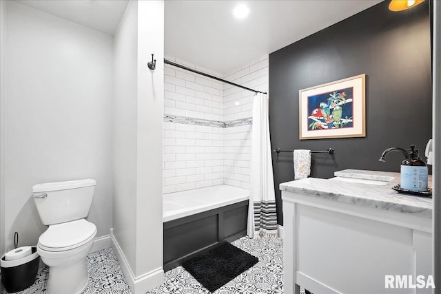 bathroom featuring vanity, toilet, tile patterned floors, shower / bathtub combination with curtain, and baseboards