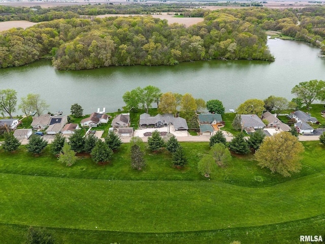 bird's eye view featuring a water view and a residential view