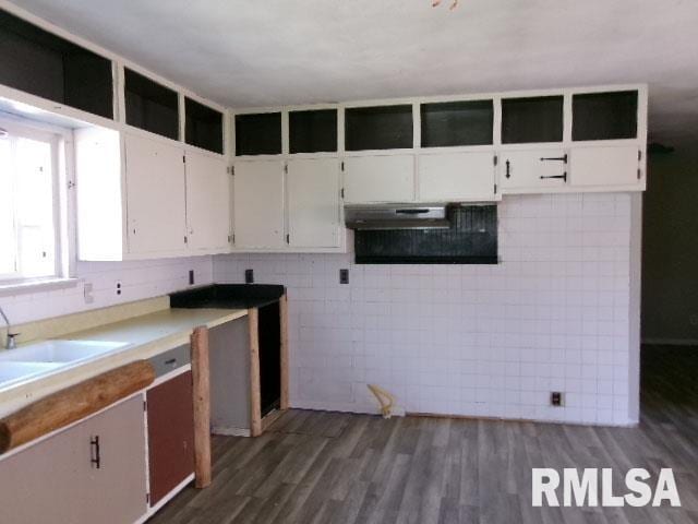 kitchen with under cabinet range hood, light countertops, white cabinets, a sink, and dark wood-style floors