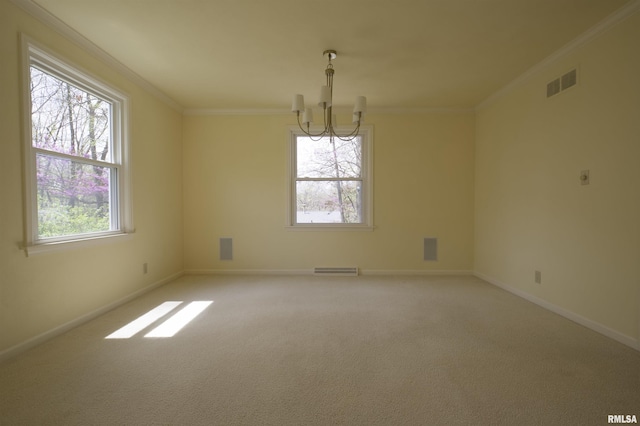 unfurnished room featuring crown molding, visible vents, baseboards, light carpet, and a notable chandelier