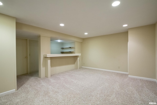 bar with recessed lighting, carpet floors, and baseboards
