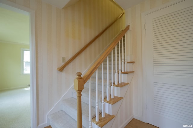 stairway with wallpapered walls