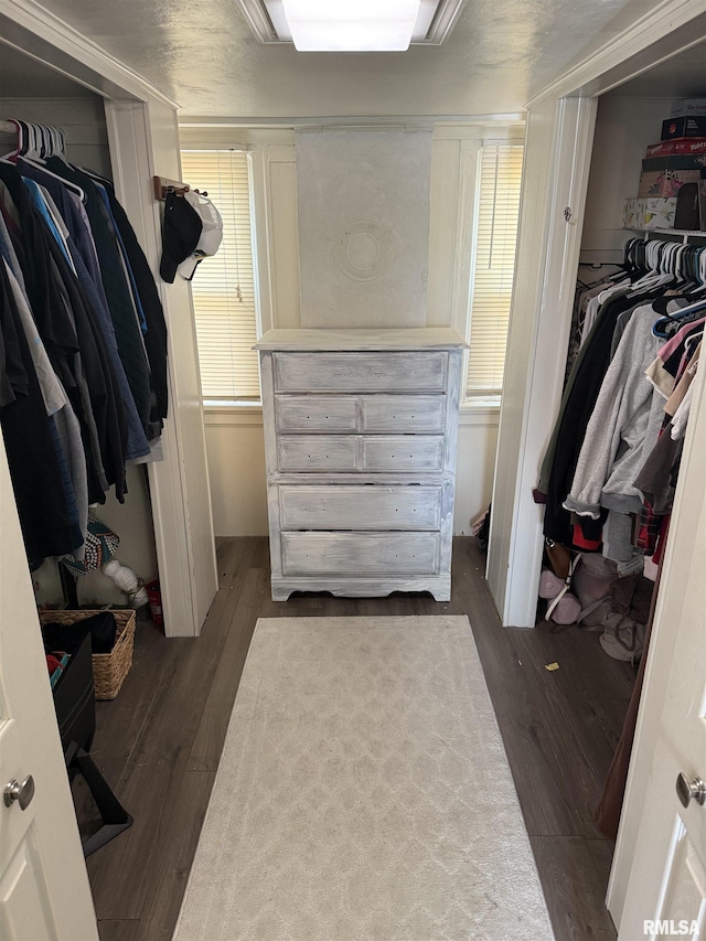 walk in closet with wood finished floors