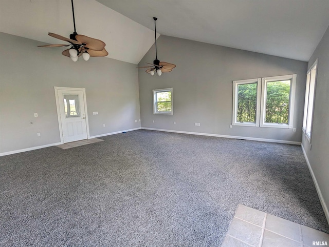 3809 N Fisk Rd, Astoria, IL 61501 - carpeted spare room featuring ceiling fan, high vaulted ceiling, and baseboards