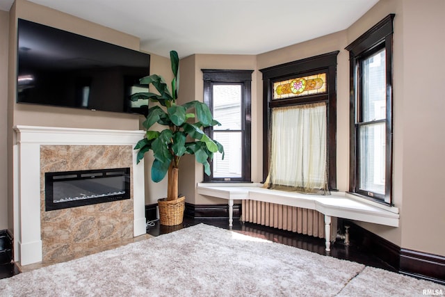 living area with baseboards, radiator, and a high end fireplace