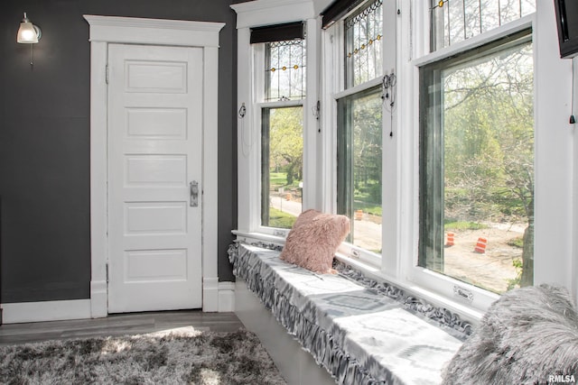 mudroom with baseboards, wood finished floors, and plenty of natural light