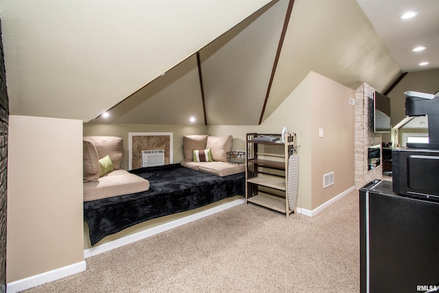 carpeted bedroom with baseboards, visible vents, lofted ceiling, and recessed lighting