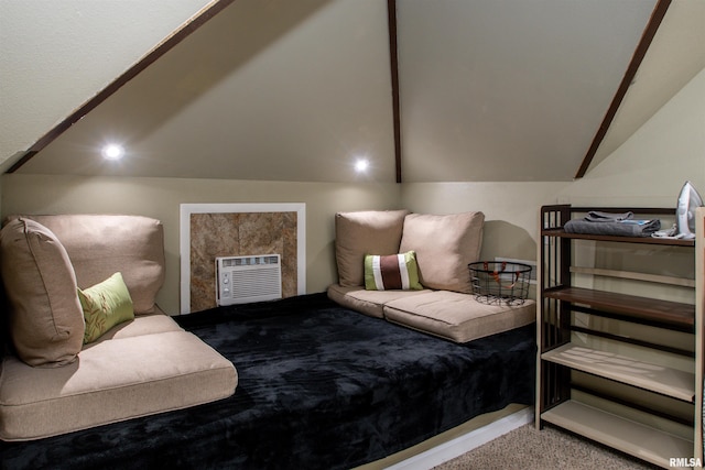bedroom featuring recessed lighting, heating unit, vaulted ceiling, and carpet