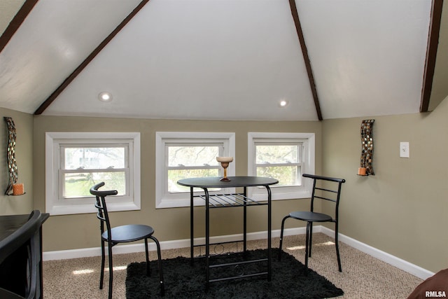 dining room with baseboards, recessed lighting, and lofted ceiling