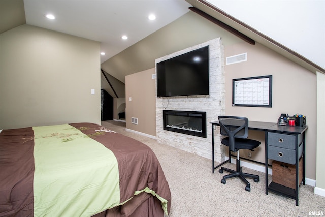bedroom featuring visible vents, recessed lighting, vaulted ceiling, and carpet floors