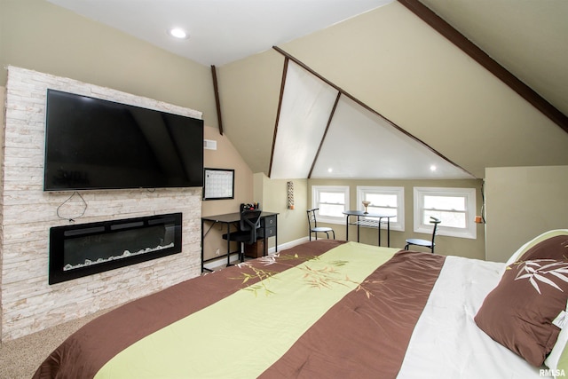 bedroom with a fireplace, recessed lighting, vaulted ceiling, and baseboards