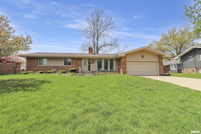 single story home featuring a chimney, brick siding, a front lawn, concrete driveway, and an attached garage