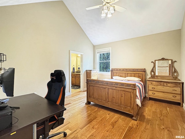 bedroom featuring high vaulted ceiling, ceiling fan, ensuite bathroom, and light wood-type flooring