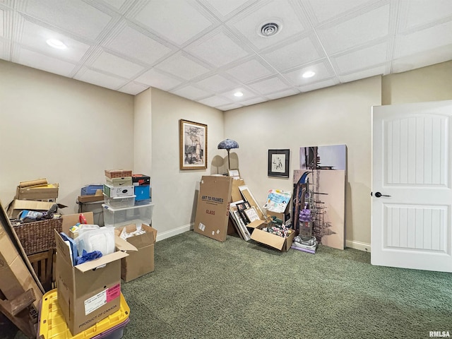 interior space featuring baseboards, carpet flooring, recessed lighting, and visible vents