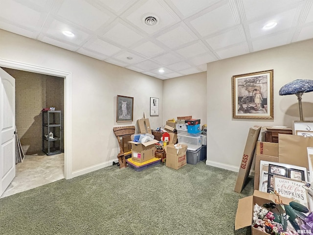 interior space with recessed lighting, carpet, baseboards, and visible vents