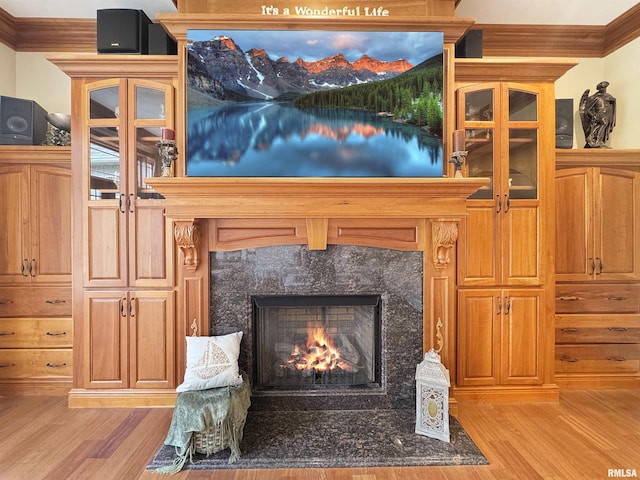 interior details with crown molding, wood finished floors, and a fireplace