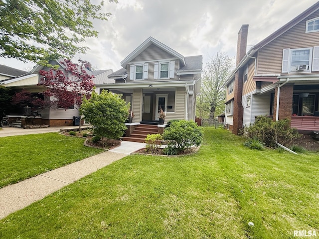 view of front of house featuring covered porch, cooling unit, and a front yard