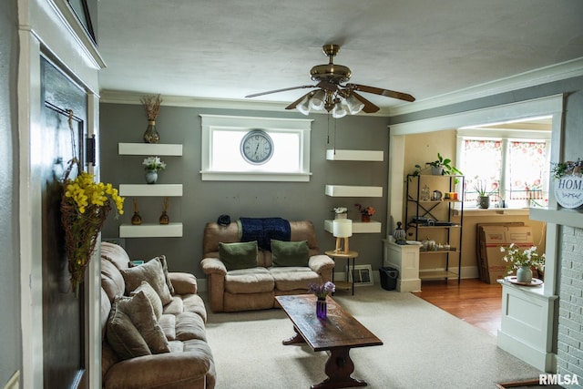 living room featuring crown molding, carpet flooring, and a ceiling fan