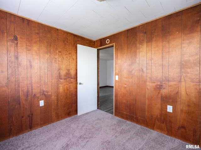 unfurnished bedroom with wooden walls and carpet flooring