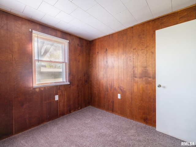 unfurnished room featuring carpet and wooden walls