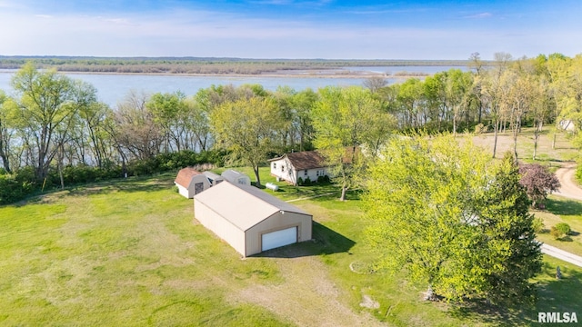 bird's eye view with a water view