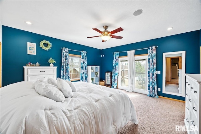 carpeted bedroom with recessed lighting, access to outside, and ceiling fan