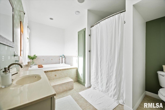 full bath featuring a shower with curtain, toilet, a bath, vanity, and tile patterned flooring