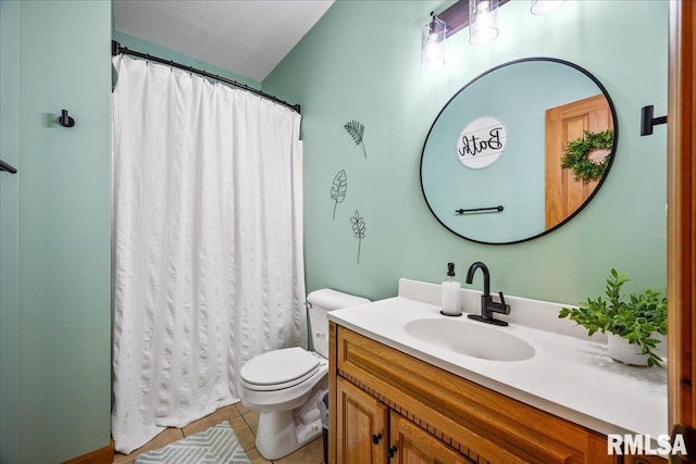 full bath featuring a shower with curtain, toilet, tile patterned flooring, and vanity