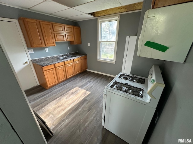 921 W Brons Ave, Peoria, IL 61604 - kitchen featuring a sink, baseboards, gas range gas stove, dark wood-type flooring, and a paneled ceiling