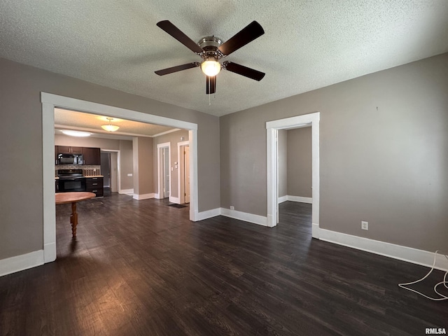 unfurnished living room featuring a ceiling fan, baseboards, a textured ceiling, and dark wood-type flooring