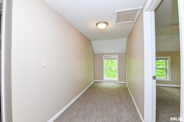 corridor featuring vaulted ceiling, carpet, baseboards, and attic access