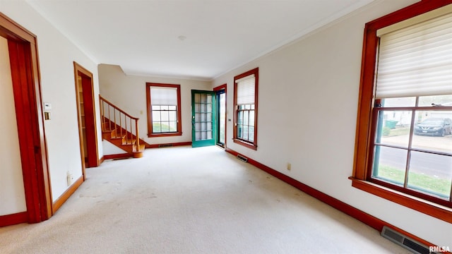 carpeted empty room with visible vents, crown molding, and a wealth of natural light