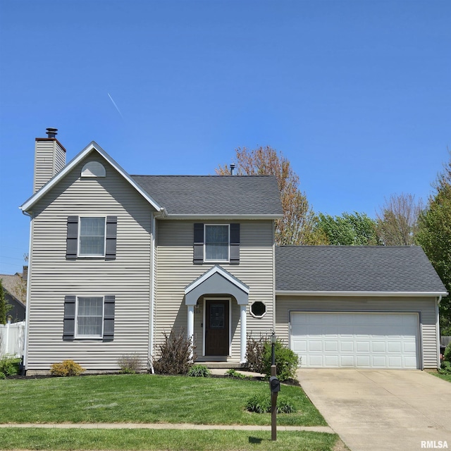 view of front facade with roof with shingles, a front lawn, a garage, a chimney, and driveway