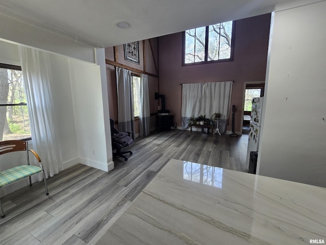 interior space with baseboards, a wood stove, a towering ceiling, and wood finished floors