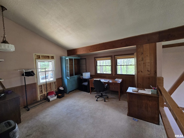 carpeted office space featuring vaulted ceiling, wainscoting, wood walls, and a textured ceiling