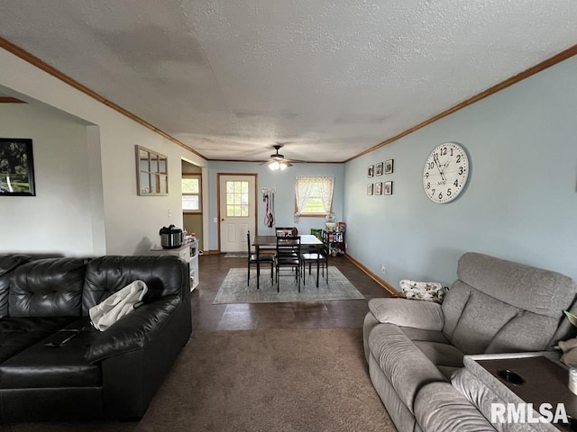 1520 E Wheeler St, Macomb, IL 61455 - living area with crown molding, a ceiling fan, a textured ceiling, and baseboards