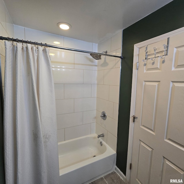 full bath featuring recessed lighting and shower / bathtub combination with curtain