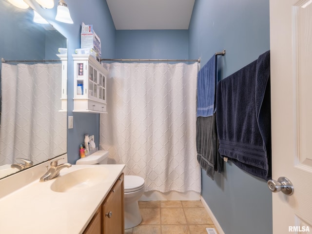 bathroom with toilet, tile patterned floors, and vanity