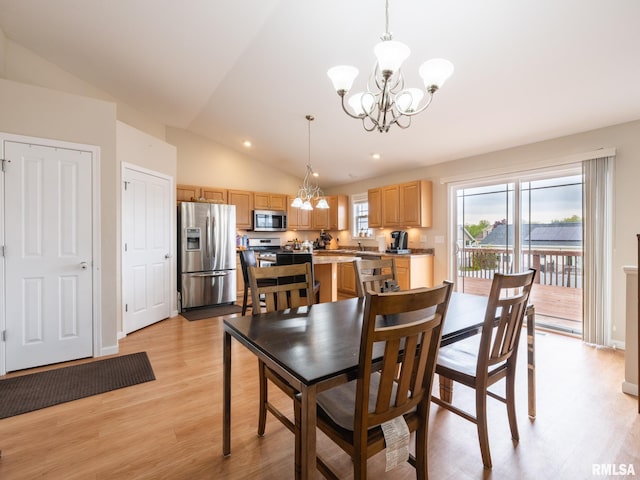 dining room with an inviting chandelier, light wood-style flooring, lofted ceiling, and recessed lighting