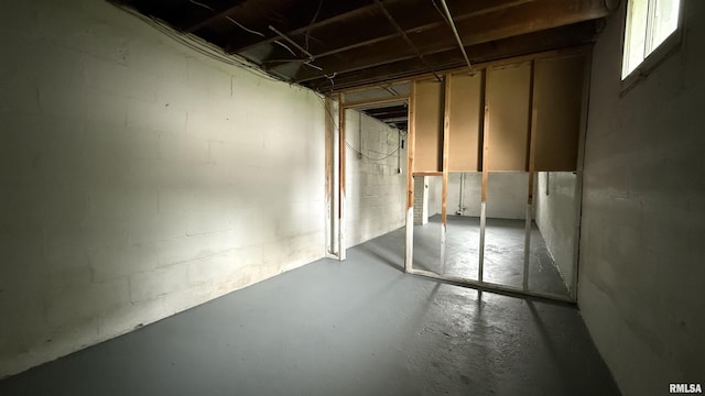 unfinished below grade area featuring concrete block wall