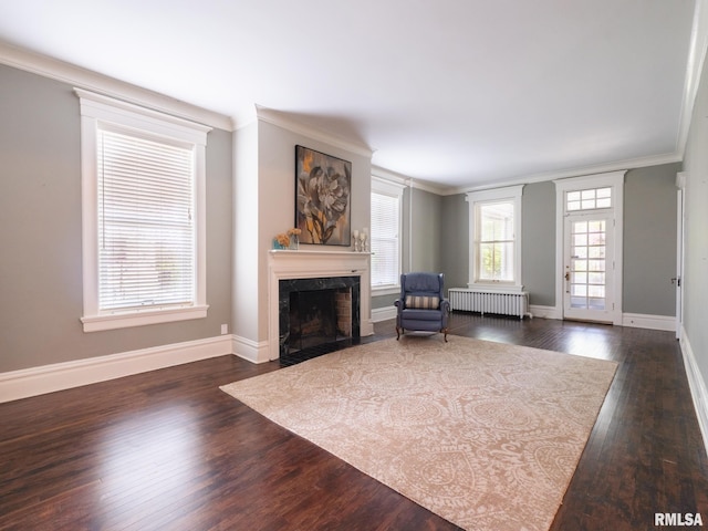 living area featuring ornamental molding, radiator, dark wood-style flooring, baseboards, and a high end fireplace