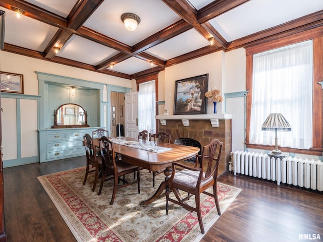 dining space featuring a fireplace, radiator, dark wood-type flooring, beamed ceiling, and coffered ceiling