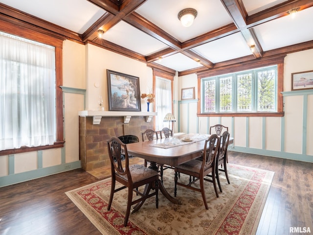 dining space featuring baseboards, beam ceiling, coffered ceiling, and wood finished floors