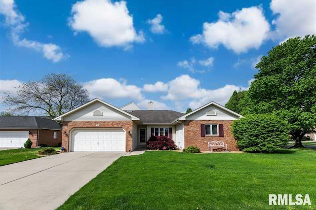 single story home with an attached garage, driveway, a front lawn, and brick siding